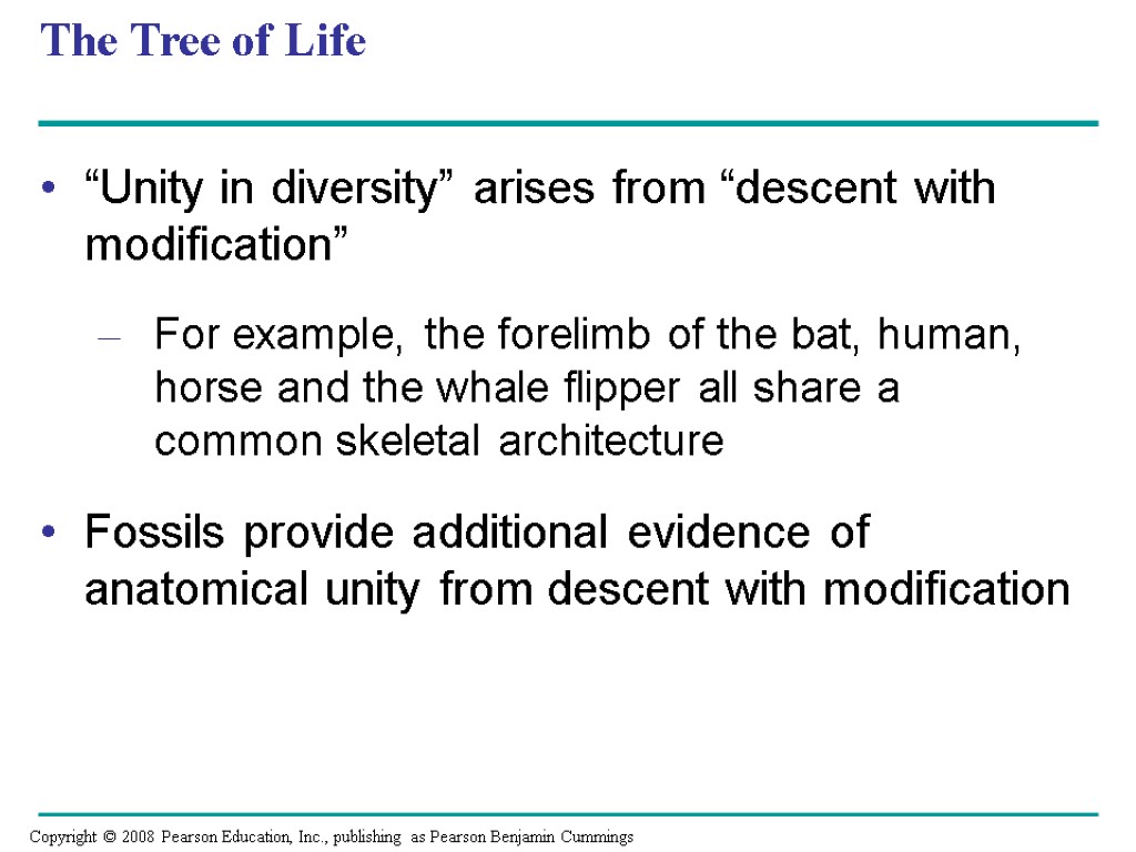 The Tree of Life “Unity in diversity” arises from “descent with modification” For example,